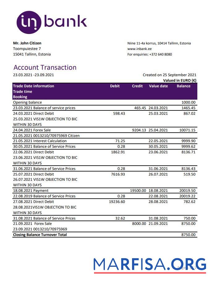 Downloadable Estonia Inbank bank statement excel sample